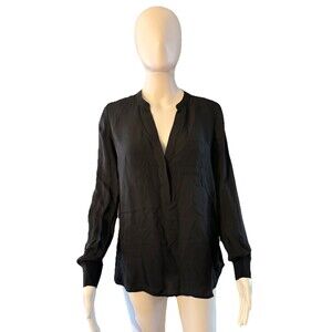 Vince 100% Silk Tunic Blouse Black Mandarin Collar Split Neck Long Sleeve SZ 8
